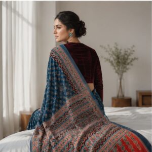 GOKULLISH Women's Maroon Bagru Hand Block Print Cotton Saree with Traditional Printed Pallu & Running Blouse | Office, Festive & Casual Wear