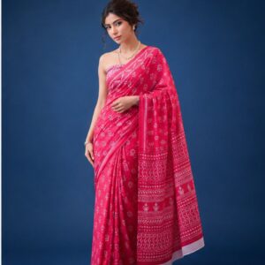 GOKULLISH Navy Blue Bagru Hand Block Print Cotton Saree with Printed Pallu & Running Blouse