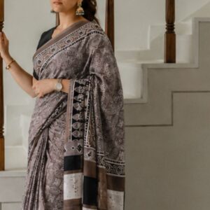 GOKULLISH Pink Bagru Hand Block Print Cotton Saree with Printed Pallu & Running Blouse