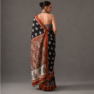 GOKULLISH Rust Orange Bagru Hand Block Print Cotton Saree with Contrast Border & Running Blouse