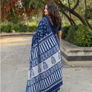 GOKULLISH Teal Blue Ajrakh Hand Block Print Cotton Saree with Traditional Border & Designer Pallu