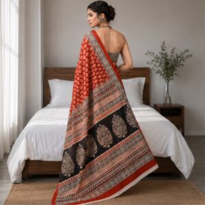 GOKULLISH Grey Bagru Hand Block Print Cotton Saree with Contrast Border & Running Blouse